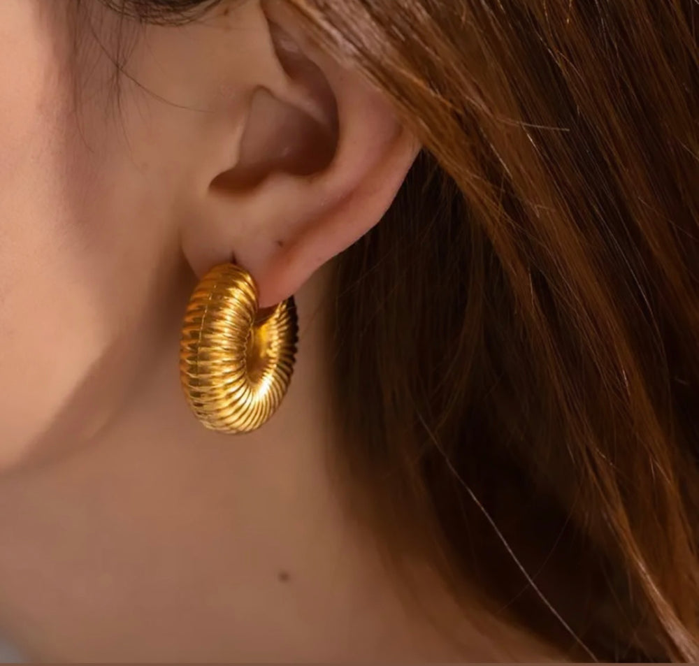 Waterproof Sweatproof Geometric Texture Hoop Earrings : Gold Plated